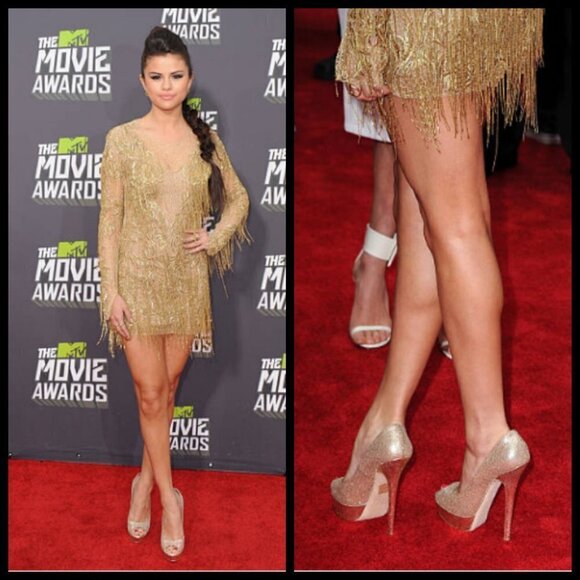 💕JIMMY CHOO💕 Metallic Luna 100 Champagne Glitter Fabric Peep Toe Platform Pump - Picture 6 of 16